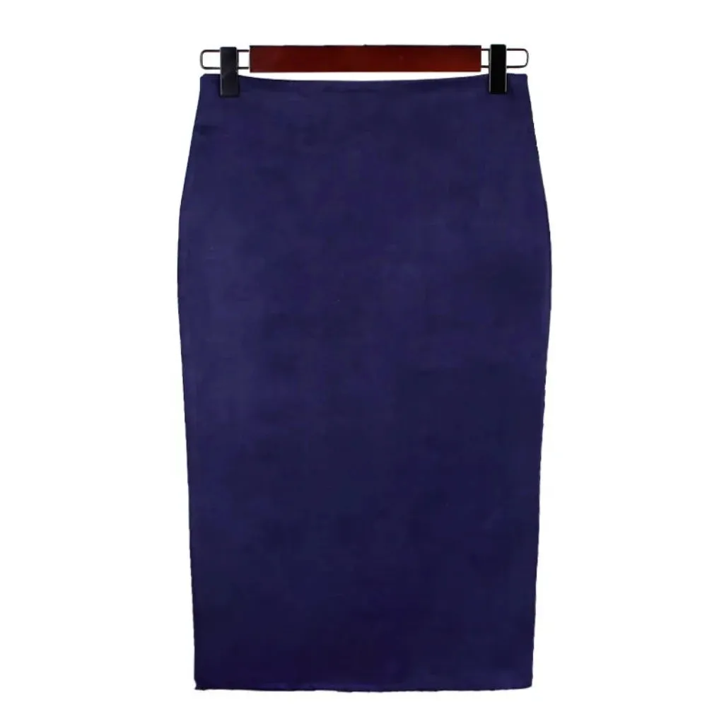 Suede Midi Pencil Elastic High Waist Skirt