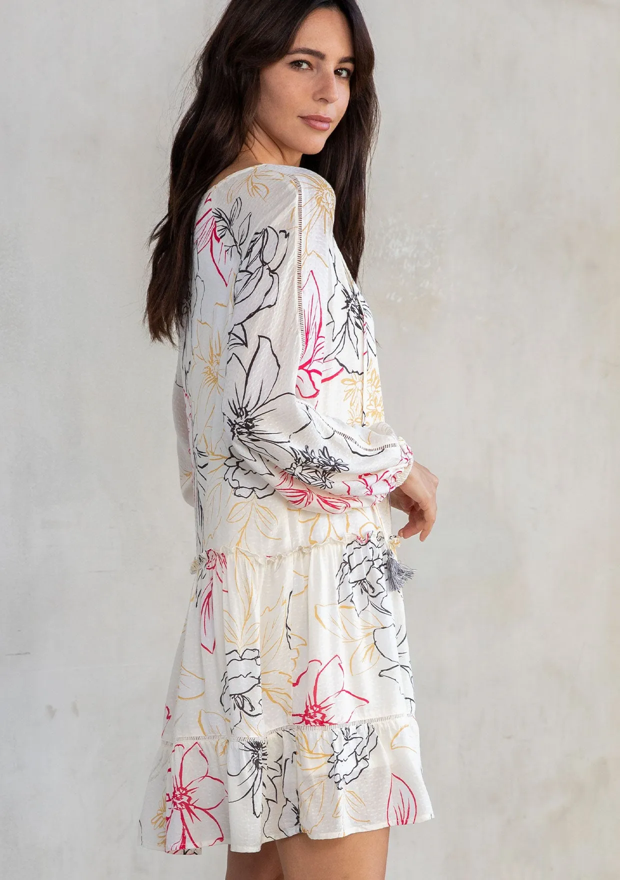 Tropical Print Long Sleeve Babydoll Mini Dress