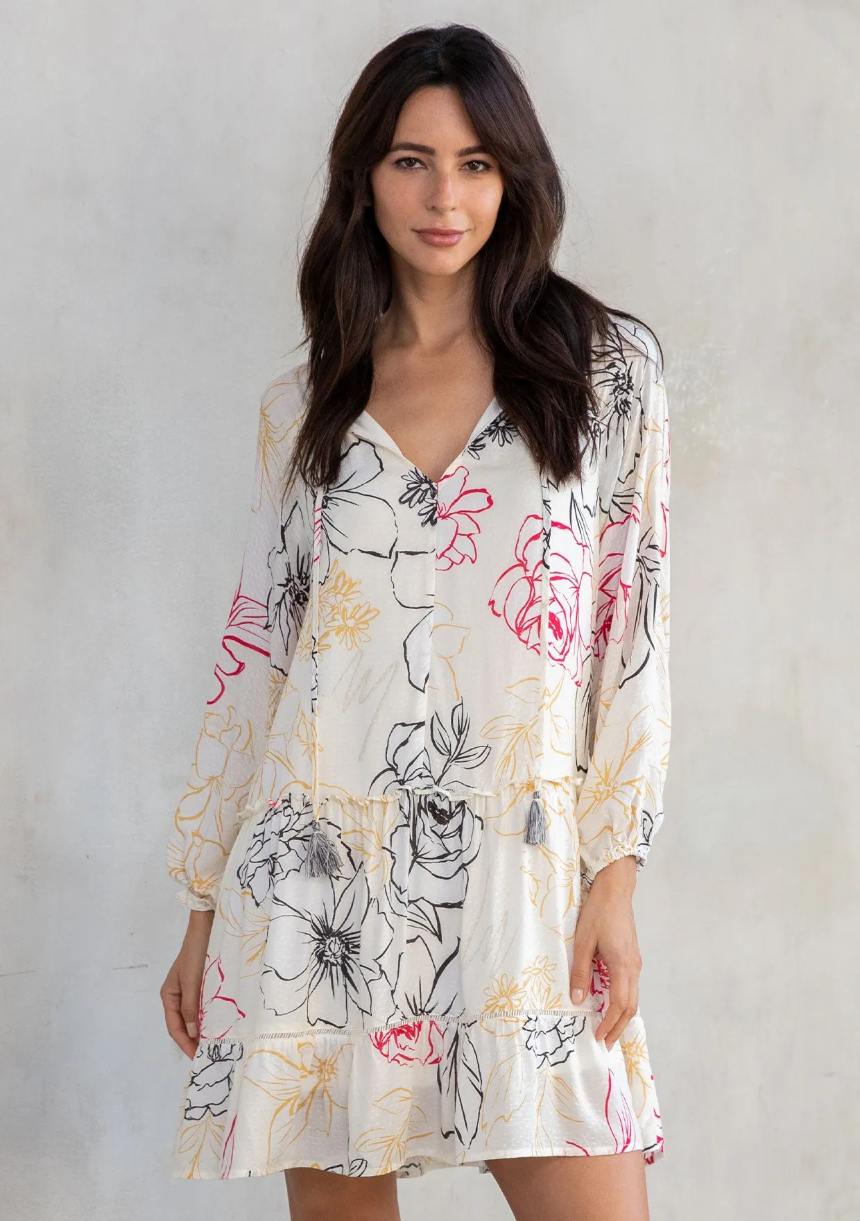 Tropical Print Long Sleeve Babydoll Mini Dress