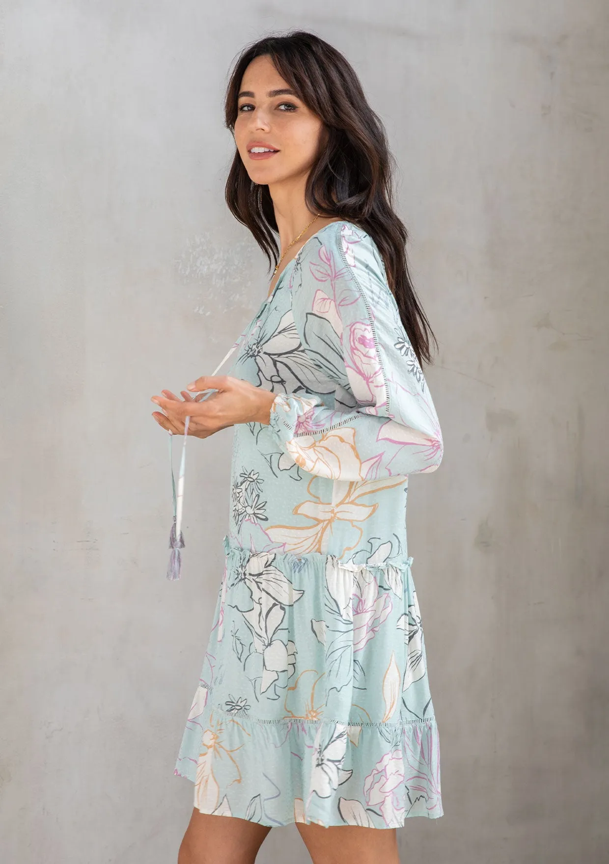 Tropical Print Long Sleeve Babydoll Mini Dress