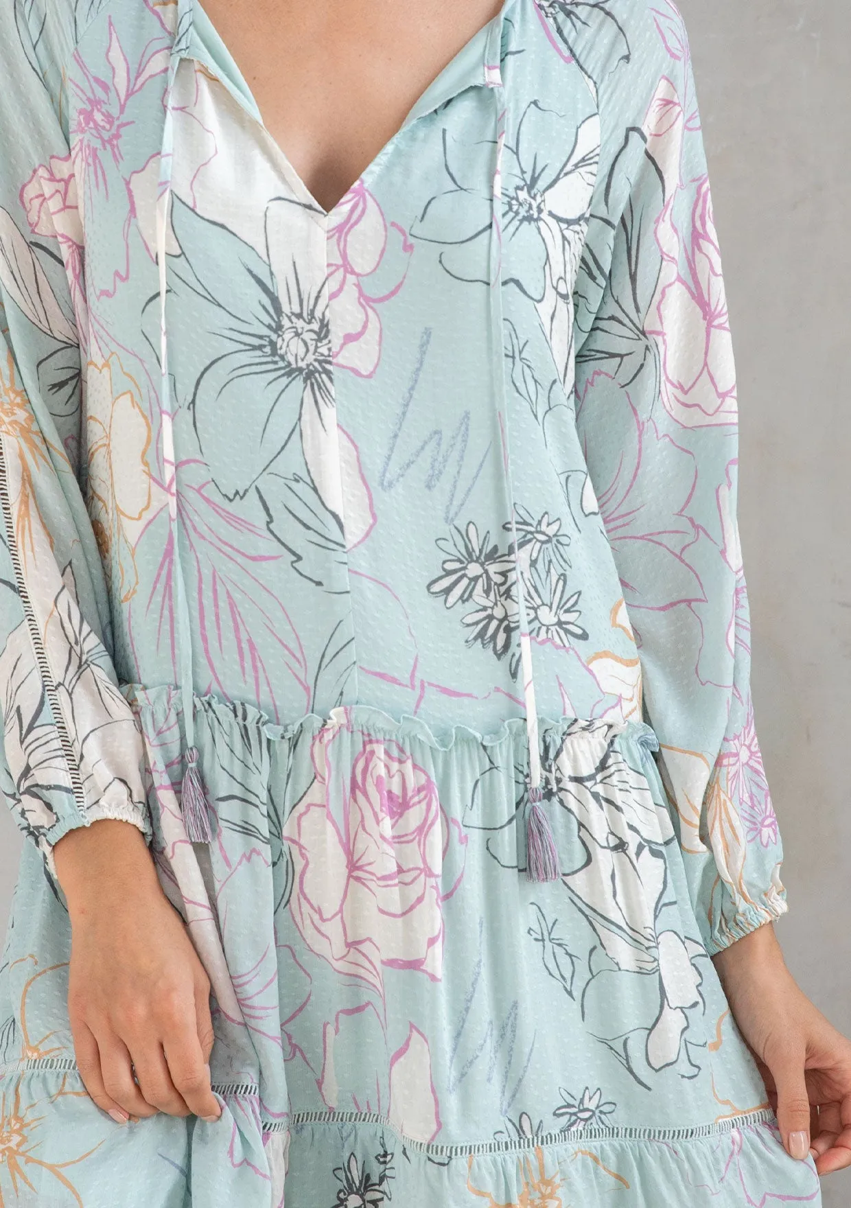 Tropical Print Long Sleeve Babydoll Mini Dress