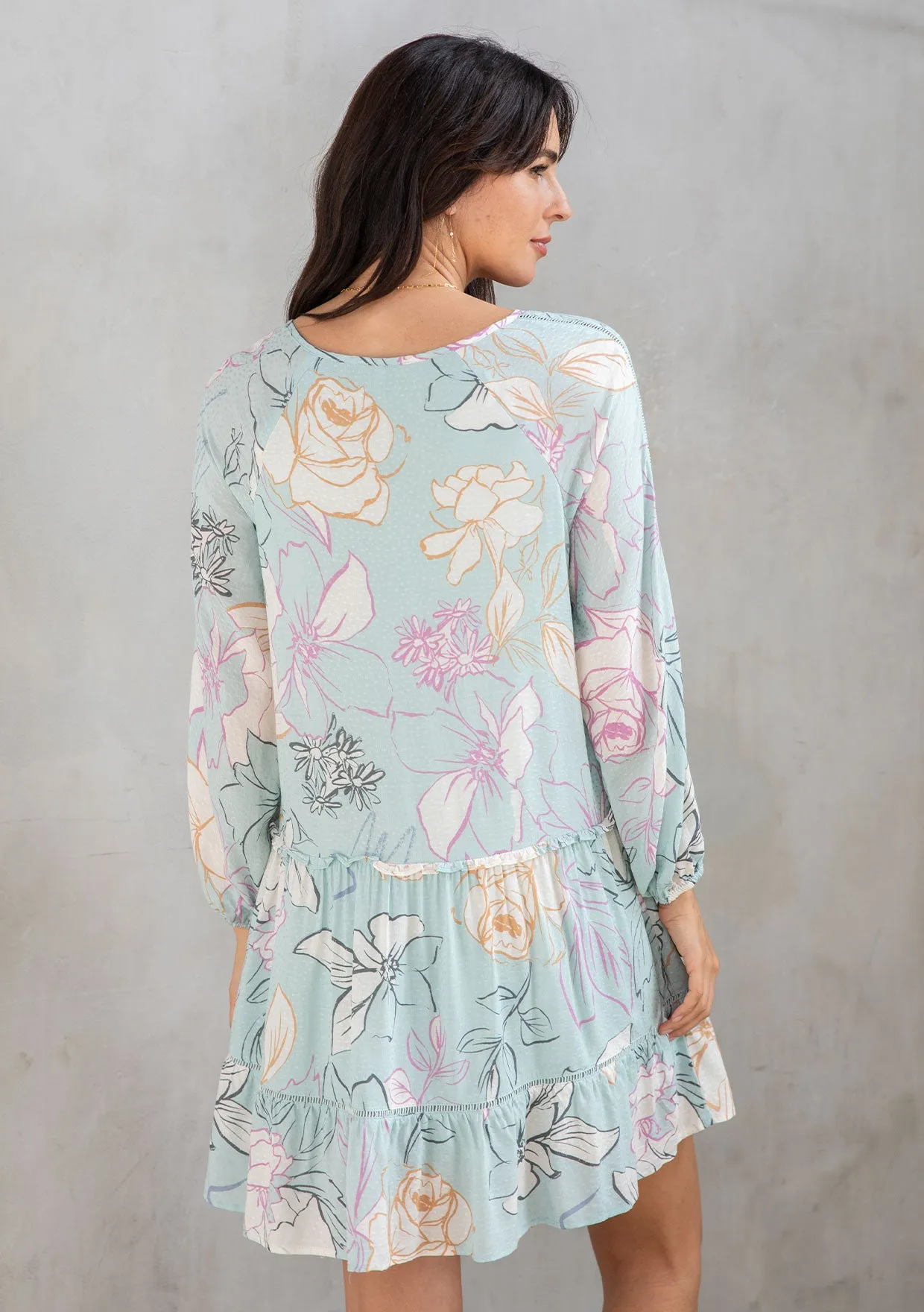 Tropical Print Long Sleeve Babydoll Mini Dress