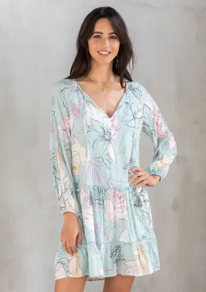 Tropical Print Long Sleeve Babydoll Mini Dress