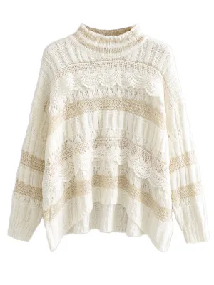 Turtleneck Long Sleeve Floral Loose Pullover Knit Sweater