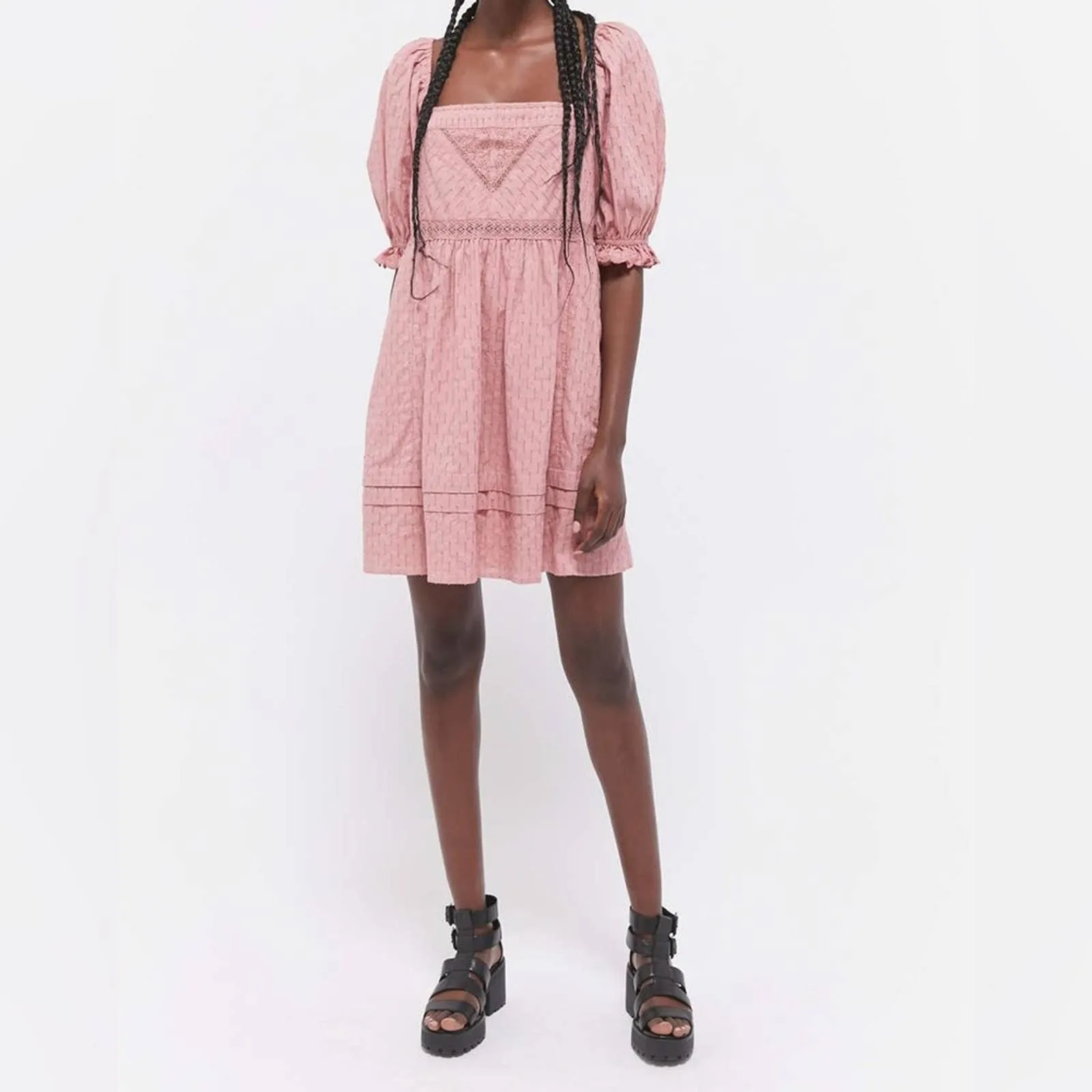 Urban Outfitters Puff Sleeve Square Neck Embroidered Babydoll Mini Dress (Medium)