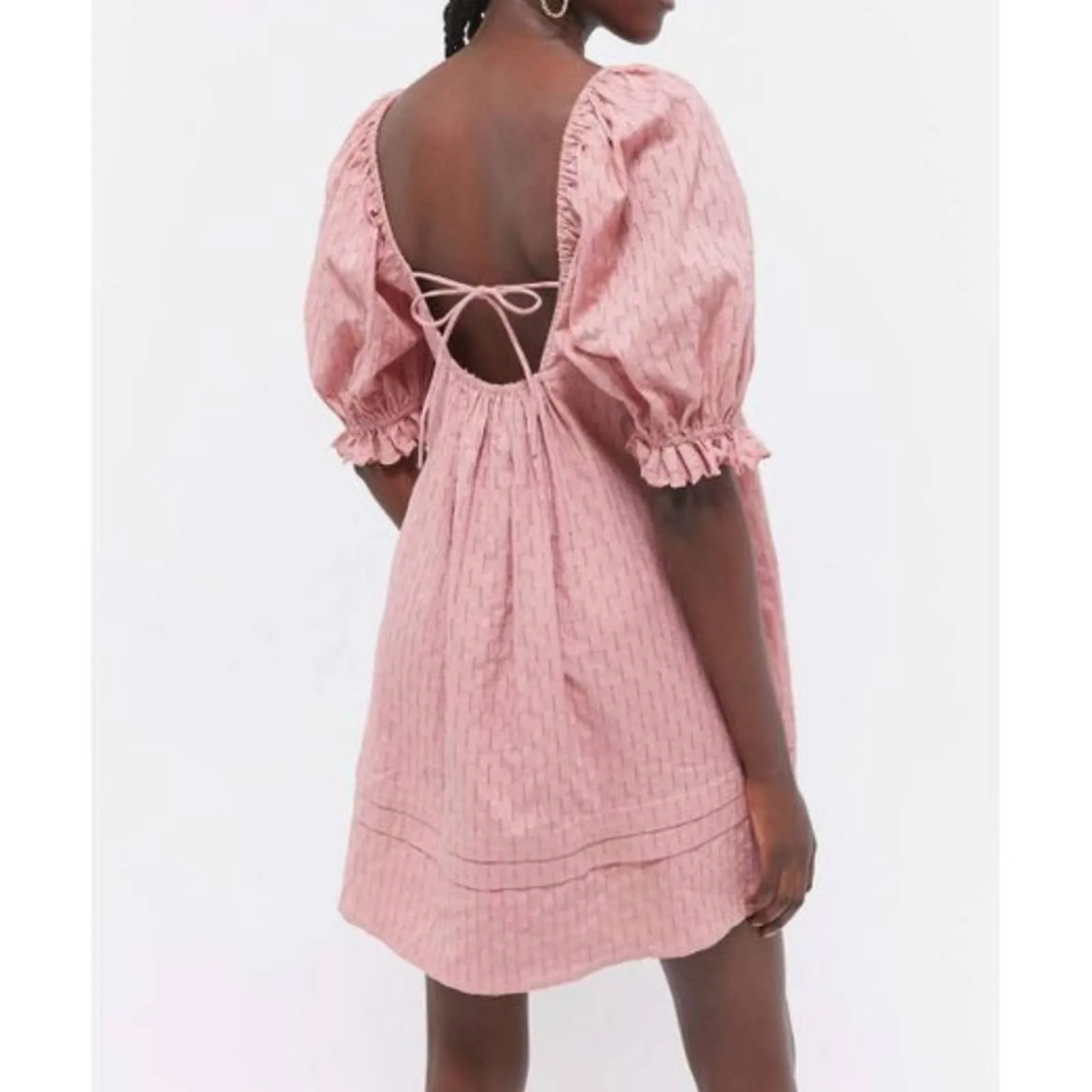 Urban Outfitters Puff Sleeve Square Neck Embroidered Babydoll Mini Dress (Medium)