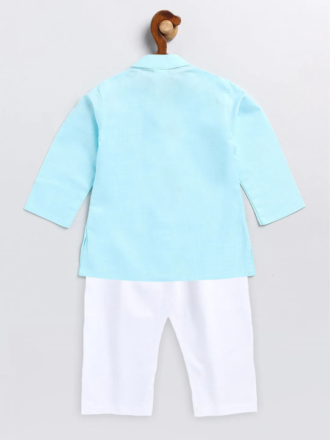VASTRAMAY Boy's Aqua Blue and White Cotton Kurta Pyjama Set