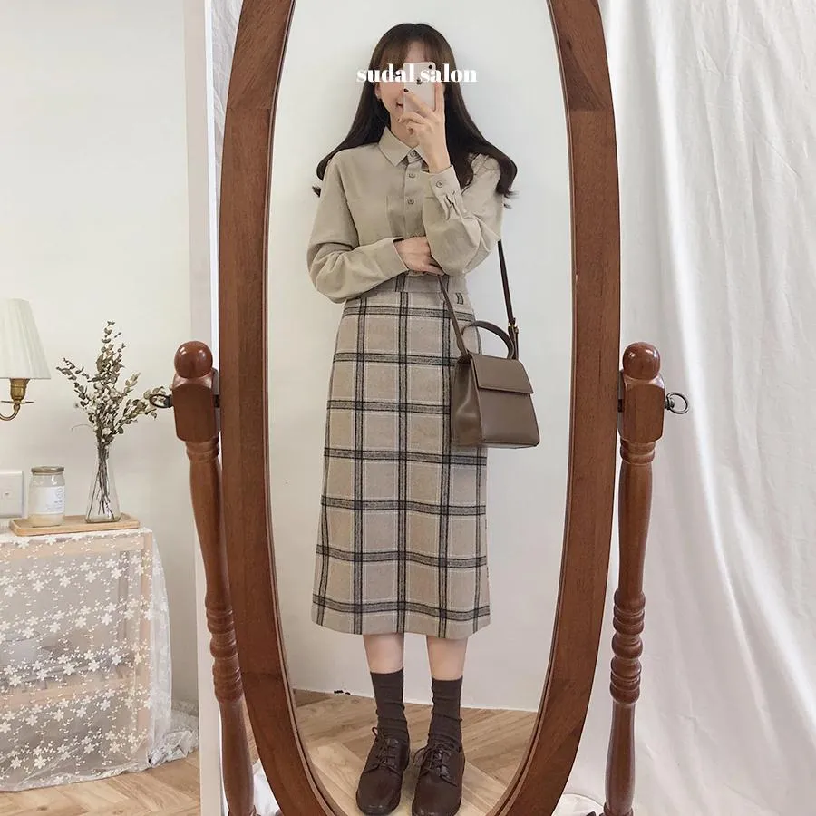 Vintage Plaid Long Pencil Skirt