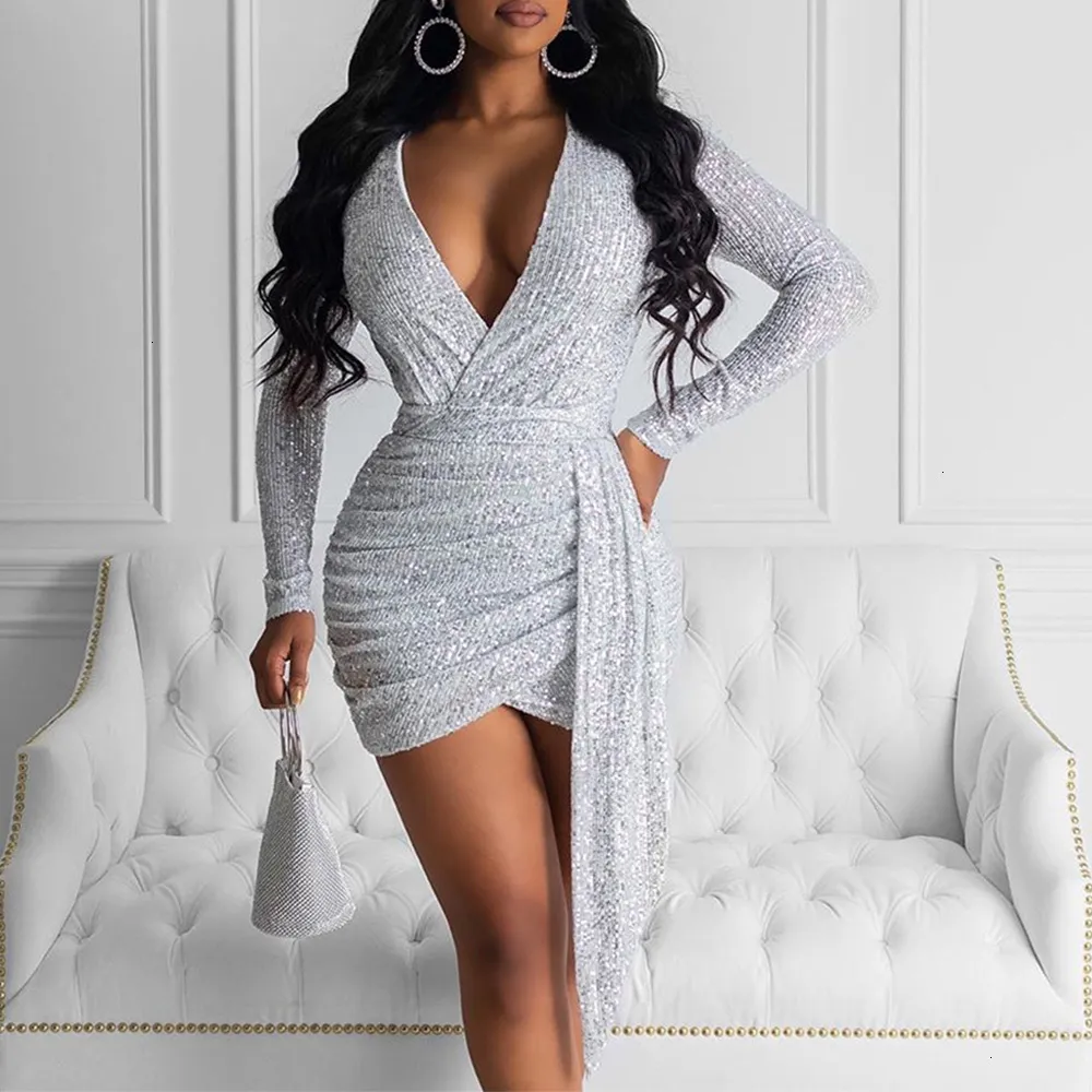 Women's Autumn Sequin High-Waist V-Neck Sheath Dress