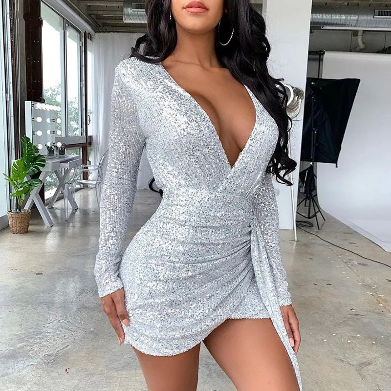 Women's Autumn Sequin High-Waist V-Neck Sheath Dress