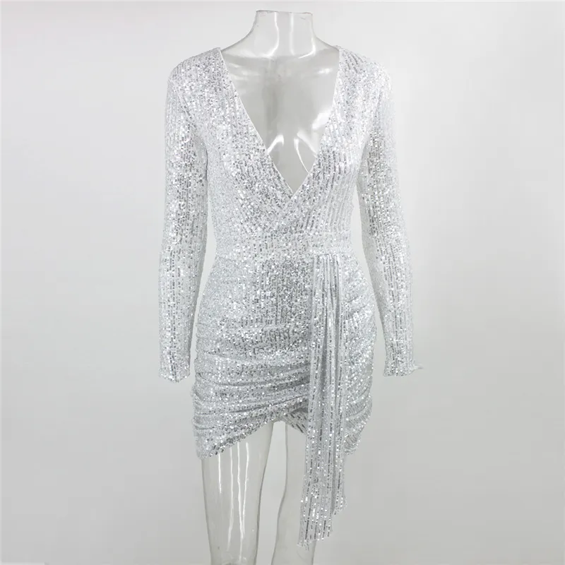 Women's Autumn Sequin High-Waist V-Neck Sheath Dress