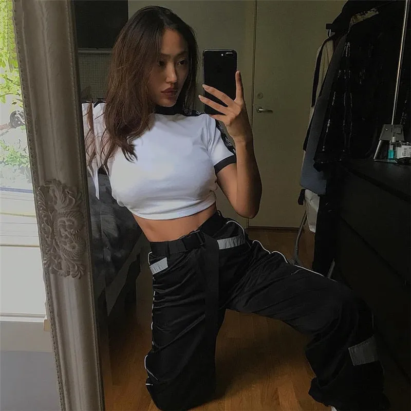Women's Autumn/Winter Patchwork High Waist Cargo Pants With Reflective Inserts