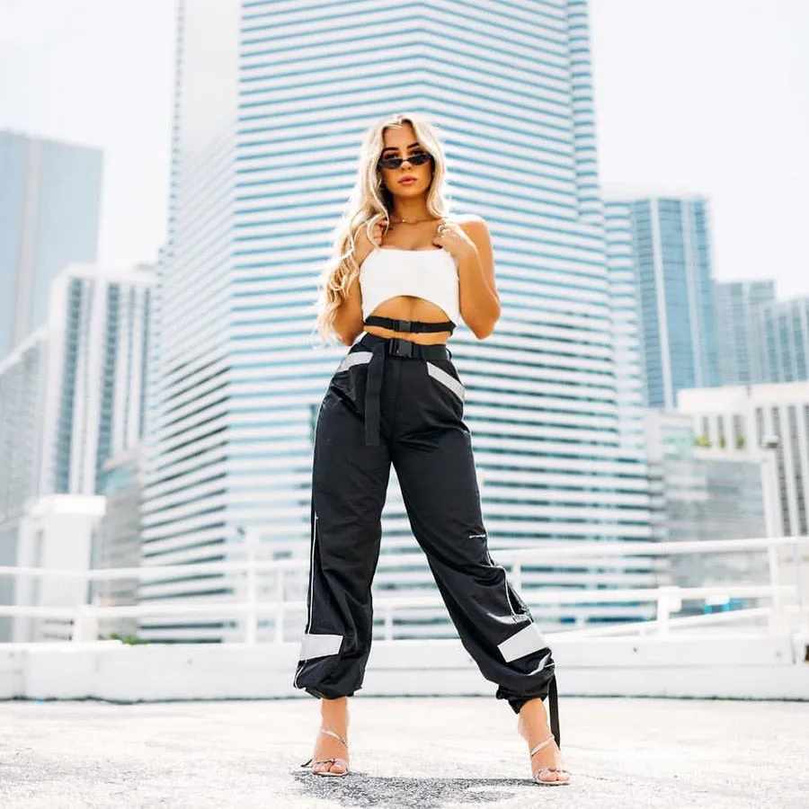 Women's Autumn/Winter Patchwork High Waist Cargo Pants With Reflective Inserts