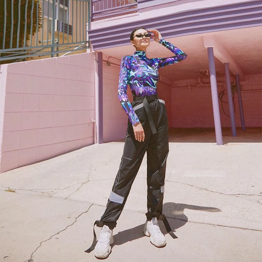 Women's Autumn/Winter Patchwork High Waist Cargo Pants With Reflective Inserts
