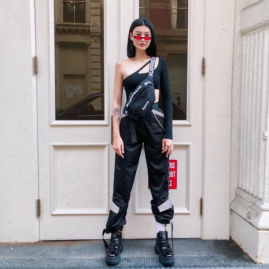 Women's Autumn/Winter Patchwork High Waist Cargo Pants With Reflective Inserts