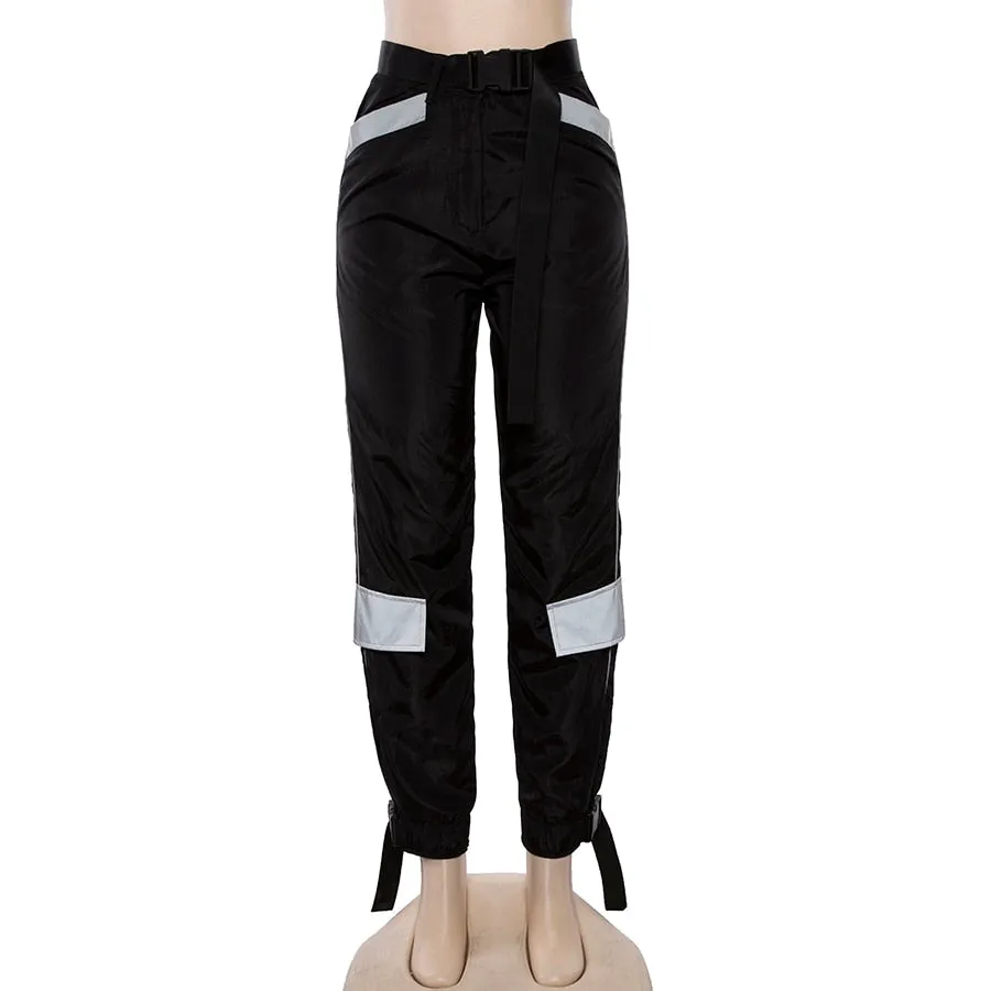 Women's Autumn/Winter Patchwork High Waist Cargo Pants With Reflective Inserts