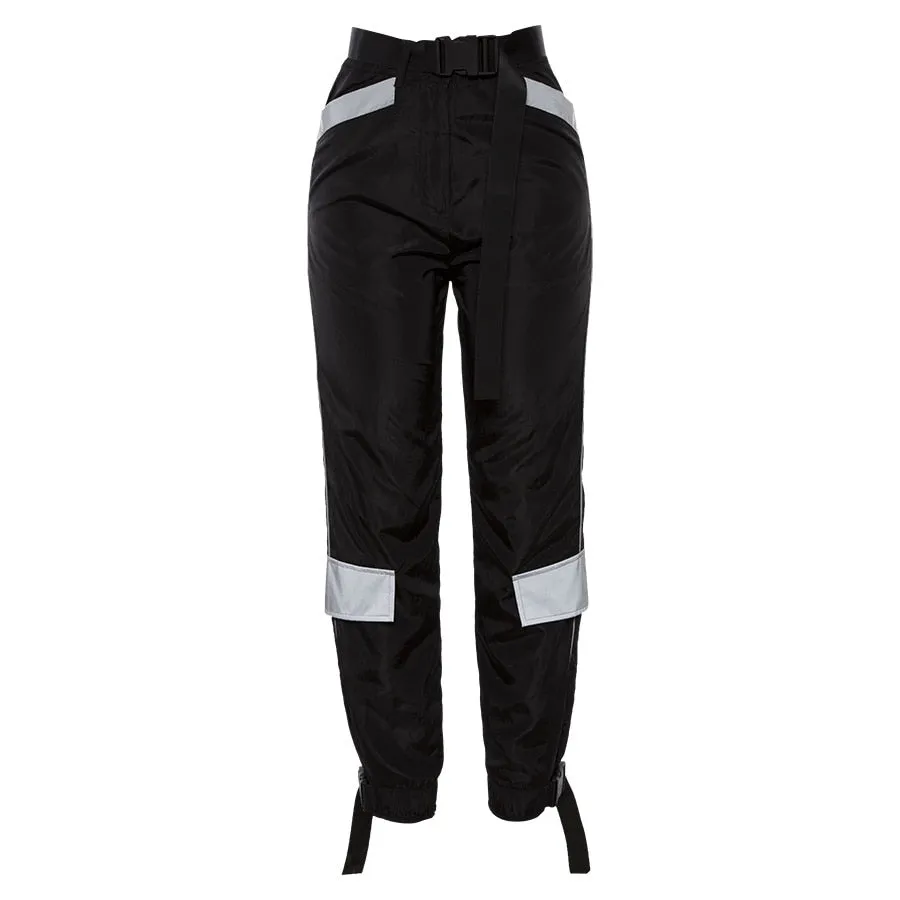 Women's Autumn/Winter Patchwork High Waist Cargo Pants With Reflective Inserts