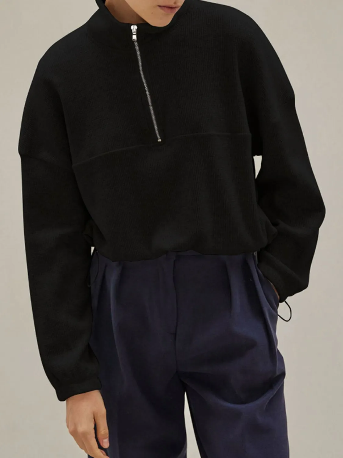 Women's Digi Knit Drawstring Waist Half Zip Relaxed Turtleneck Long Sleeve Sweater