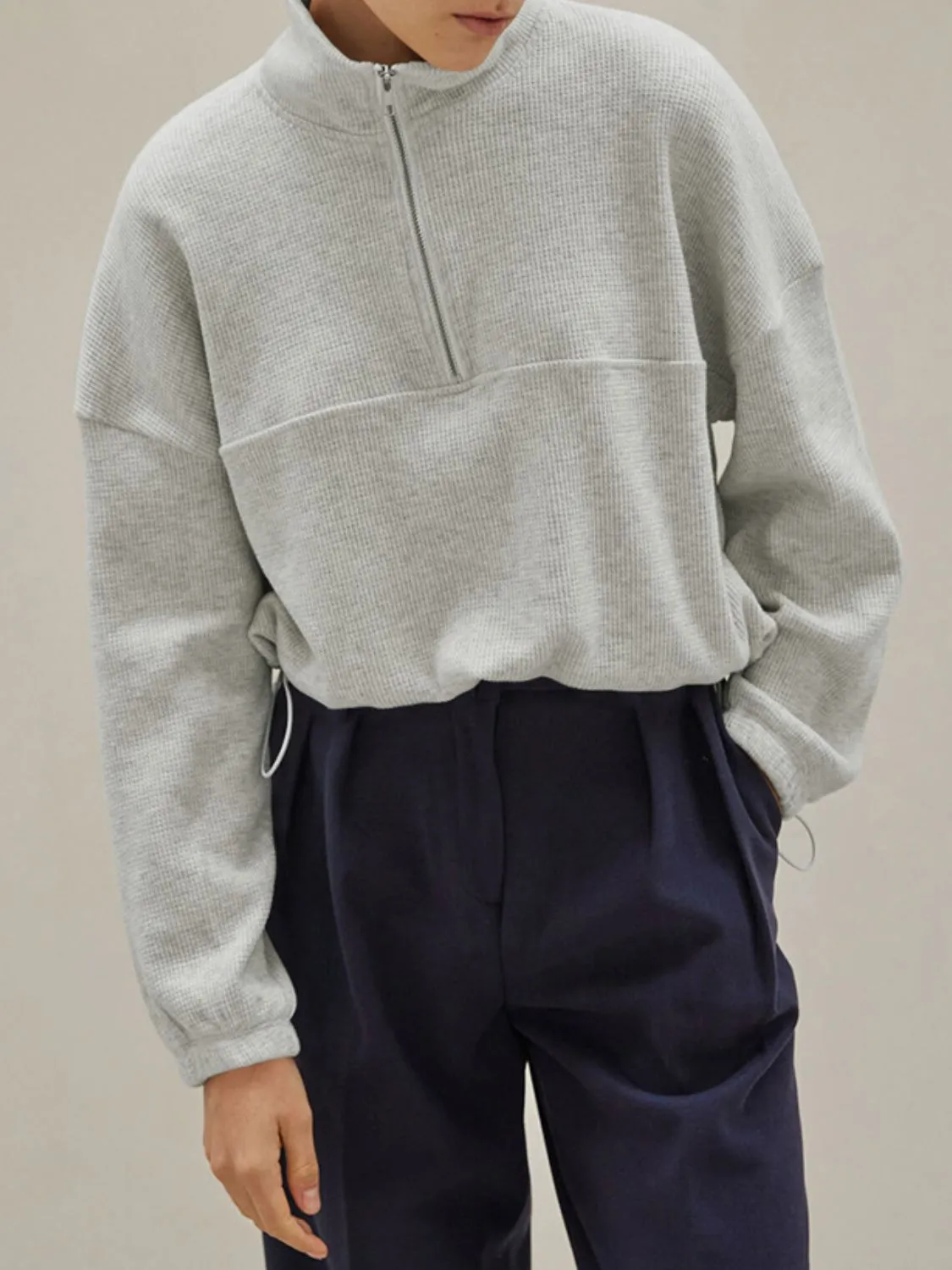 Women's Digi Knit Drawstring Waist Half Zip Relaxed Turtleneck Long Sleeve Sweater