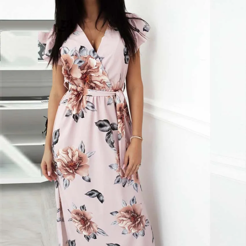 Women's Summer V-Neck Floral Loose Long Dress