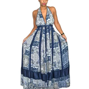 Young Fabulous Broke Maxi Dress Blue Paisley Patchwork YFB Low Cut Halter Crochet Size XS